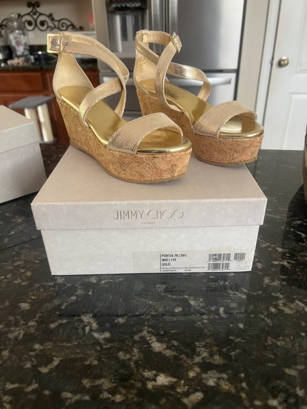 Jimmy Choo Gold Metallic Cork Wedge Sandals